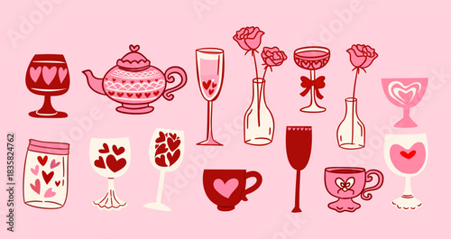 Romantic Glassware and Tea Set Illustration. Pink Valentine Aesthetic Vector Collection