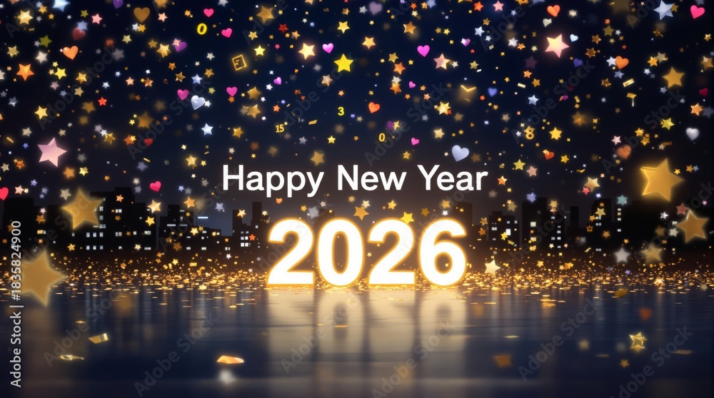 Obraz premium Happy New Year 2026 Glowing Cityscape