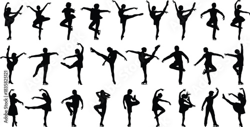 Figure Skaters and Ice Dancing Silhouettes Vector Set of Men and Women Performing Ballet Poses, Jumps, and Spins on Skates.