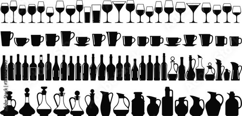 Beverage Glassware, Mug, Coffee Cup, Wine Bottle, Decanter, and Pitcher Silhouettes Vector Set of Kitchen and Bar Drink Containers Collection on White Background