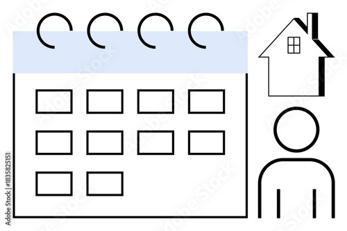 Time management, home organization, real estate, daily planning, scheduling, productivity. Visual elements include a calendar, house and person icons. Time management and home organization