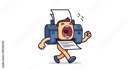 A cartoon printer with a human face screaming and running, with paper coming out.