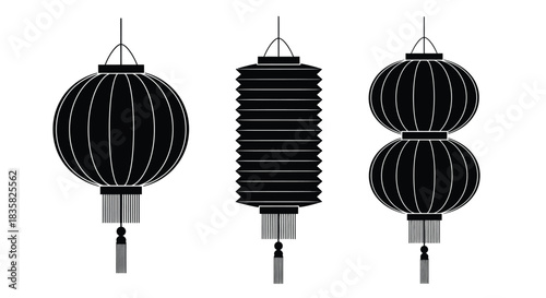 Three black traditional Asian lanterns with distinct designs, including spherical, cylindrical, and double-stacked shapes with tassels.