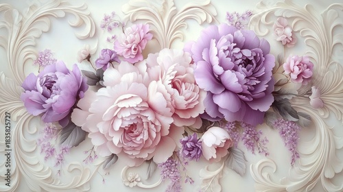 Elegant arrangement of soft pink and purple peonies with green leaves on a detailed ornate beige background conveying a delicate and serene atmosphere