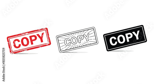 Three different styles of "COPY" rubber stamps, including red grunge, outline, and solid black designs.