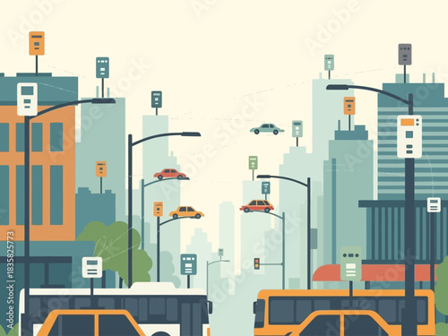 Urban Commute Illustration Cityscape with Cars, Buses, and Traffic Signals