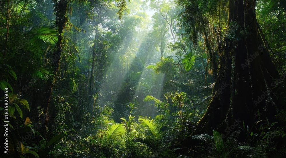Fototapeta premium Sunlight beams filtering through dense tropical rainforest with lush green foliage and tall trees covered in vines