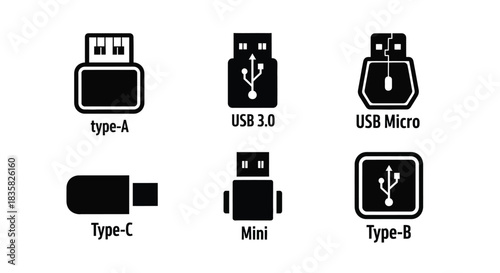 Collection of various USB connector types and ports, including Type-A, USB 3.0, Micro, Type-C, Mini, and Type-B, illustrated as black icons.