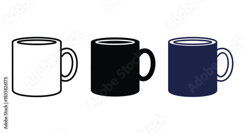 Three simple graphic illustrations of coffee mugs in white, black, and blue colors, suitable for beverages.