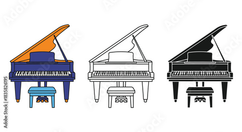 Three illustrations of a grand piano with a matching stool, presented in color, outline, and silhouette styles.