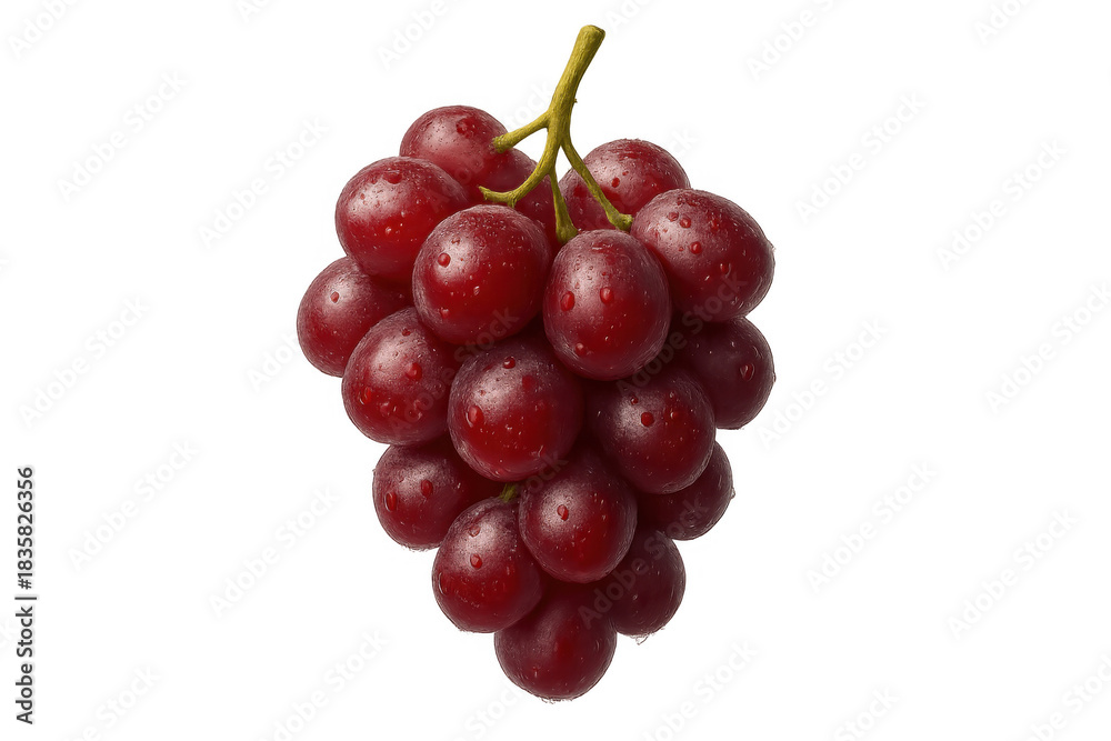 Fototapeta premium Red grapes bunch with water drops, fresh ripe organic fruit, healthy natural food for eating, isolated with transparent background