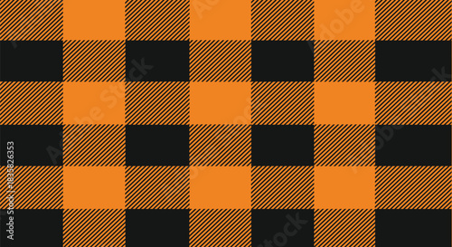 Vibrant orange and black buffalo plaid pattern, a classic checkered design often associated with autumn, lumberjacks, and rustic aesthetics.