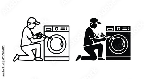 A repairman fixing a washing machine, shown in outline and silhouette.