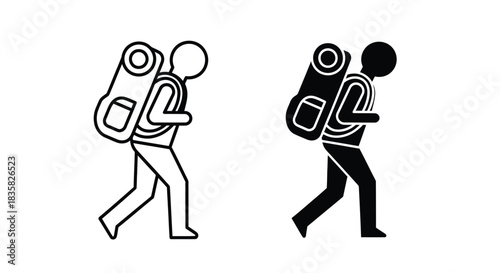 Two minimalist icons depicting a person walking with a large backpack, one in outline and one solid black, representing hiking or travel.
