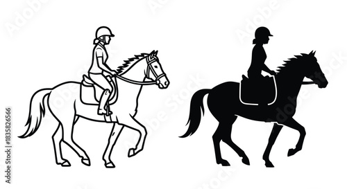 Two illustrations of a female rider on horseback, one as an outline drawing and the other as a black silhouette, depicting equestrian sport.