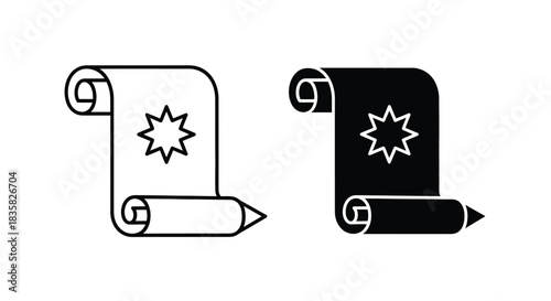 Two icons depicting a rolled scroll or parchment with an eight-pointed star, one in outline and one in solid black.