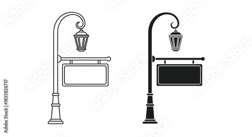 Two vintage street lamps with blank hanging signs, one outline and one silhouette.