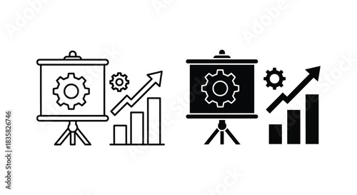 Icons depicting business strategy, operational improvement, and growth analysis with a presentation board, gear, and upward trending bar chart.