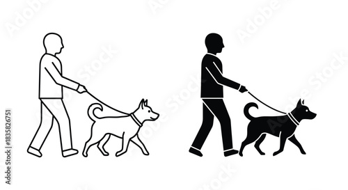 Two illustrations of a person walking a dog on a leash, one as a black outline and the other as a solid black silhouette, depicting a common pet activity.