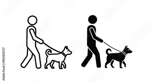 Two stick figures, one outlined and one solid, walking a dog on a leash, representing pet ownership and daily exercise.