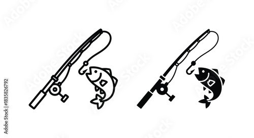 Two minimalist illustrations depicting a fishing rod with a fish caught on the hook, one as an outline and the other as a solid black silhouette.