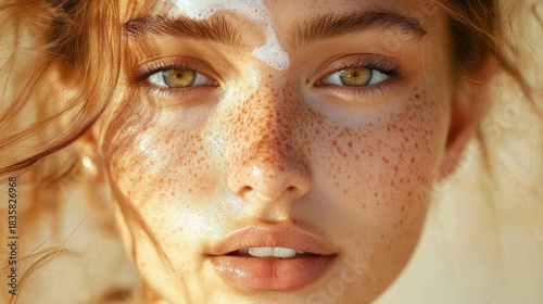 Close-up portrait of a young woman with light freckles, glowing skin, natural makeup, and hazel eyes under warm sunlight, conveying calm and softness
