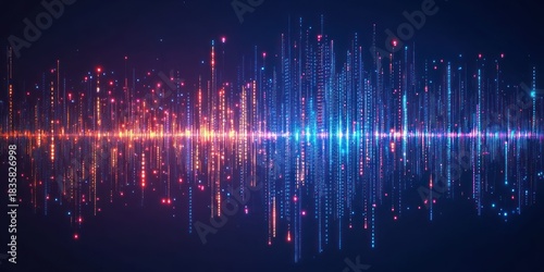 Colorful digital soundwave visualization with vertical lines and dots in blue, red, orange, and purple glowing on a dark background