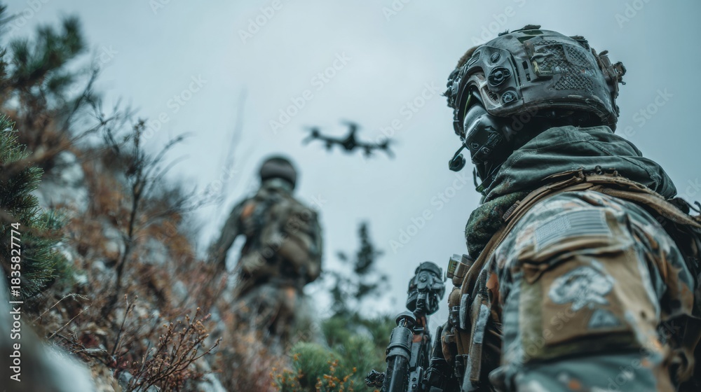 Fototapeta premium Modern Army Soldiers Operate Aerial Drone for Artillery Guidance and Scouting in Military Operation During Daytime