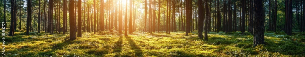 Obraz premium Sunlight filtering through tall pine trees in a dense forest with green moss and small white flowers covering the forest floor