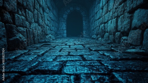 Dark, stone tunnel, blue light