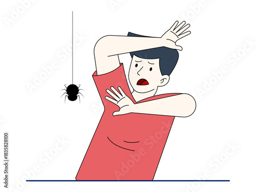 Terrified man suffering from arachnophobia looking at spider. Healthy problems vector illustration. Flat illustration.