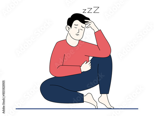 The man sitting feels sad about his mental health due to sleep disorder. Healthy problems vector illustration. Flat illustration.