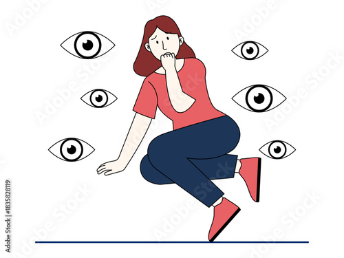 Women feel anxious and the perception of being watched is a common symptom of social anxiety disorder or social phobia. Healthy problems vector illustration. Flat illustration.