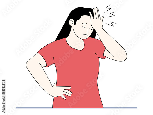 Woman holding head in pain showing stress, headache or vertigo. Healthy problems vector illustration. Flat illustration.