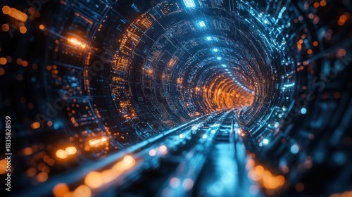 Futuristic glowing tunnel with intricate circuitry patterns illuminated by blue and orange lights creating a high-tech immersive environment