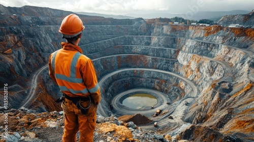 Construction worker in orange reflective safety gear overlooking a large open-pit mine with terraced rock walls and mining vehicles working below under cloudy sky