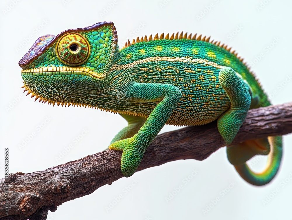 Obraz premium Close-up of a vibrant green and yellow chameleon perched on a brown branch against a plain white background, showcasing detailed textured scales and a focused gaze