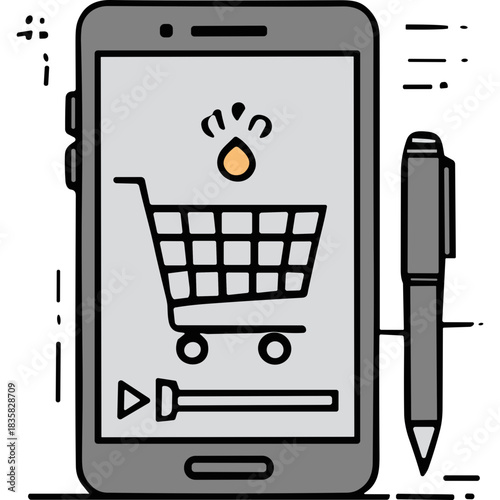 Simple illustration of a smartphone displaying a shopping cart icon with a play button on screen next to a stylus pen against a black background symbolizing online shopping and digital commerce