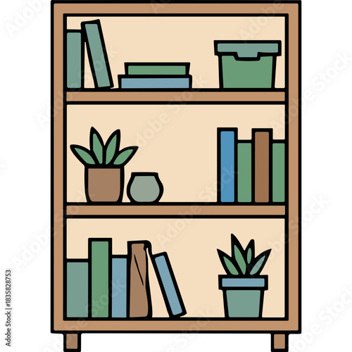 Simple illustration of a three-shelf wooden bookcase filled with books potted plants and storage boxes light cream colored background with wooden frame and legs