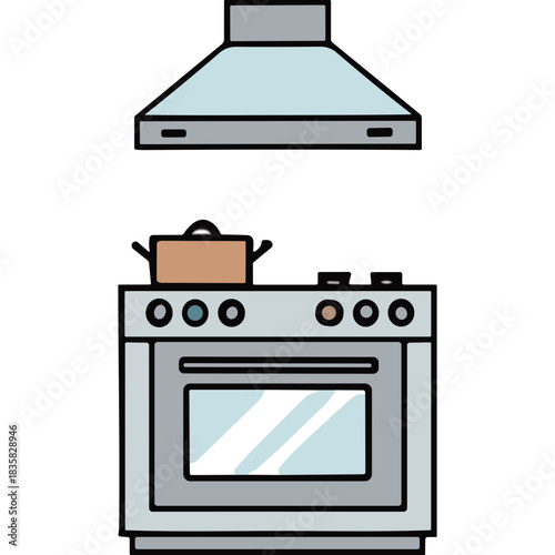 Simple Kitchen Stove with Range Hood and Pot on Top Featuring Light Blue Gray and White Colors on a Black Background Minimalist Style Illustration