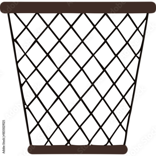 Simple Mesh Wastebasket With Dark Brown Top And Bottom Rims Against A White Background