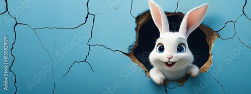 white rabbit with big blue eyes peeking through a rough cracked hole in a blue wall with a curious happy expression