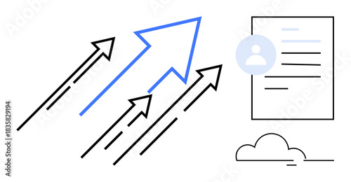 Business growth, personal development, teamwork, progress tracking, leadership, career success. Blue and black arrows pointing upward alongside a profile document and a cloud. Business growth