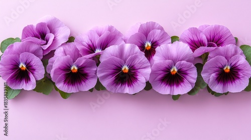 Delicate pastel pink pansies arranged in a horizontal row against a soft pink background