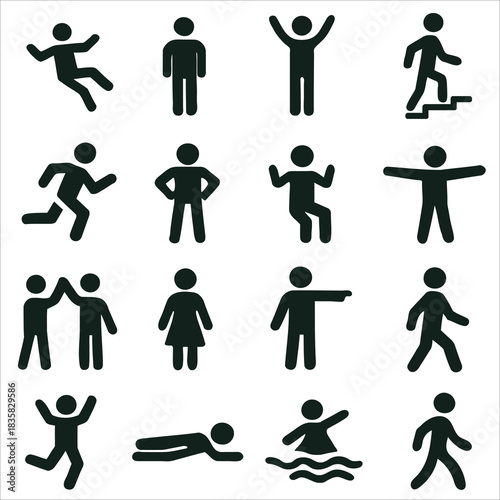 Human Action and Movement Icon Set: Pictograms of People in Various Poses and Activities