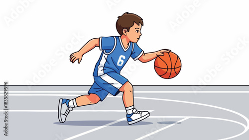 Young boy dribbling a basketball on a court, wearing a blue sports jersey with the number six.