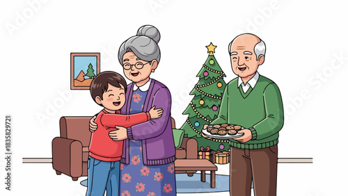 A young boy warmly embraces his grandmother while his grandfather holds a plate of cookies near a decorated Christmas tree in a cozy living room.