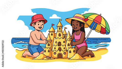 Two children, a boy and a girl, building a sandcastle together on a sunny beach day.