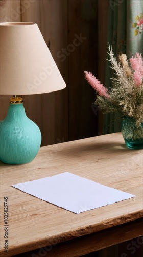 Blank Paper on Wooden Table with Lamp and Flowers