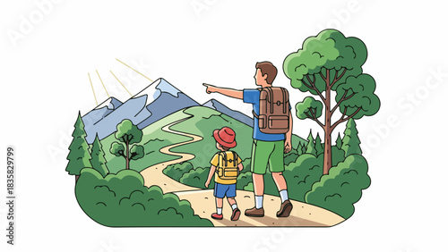 A father and child hiking on a mountain trail, pointing towards distant peaks.